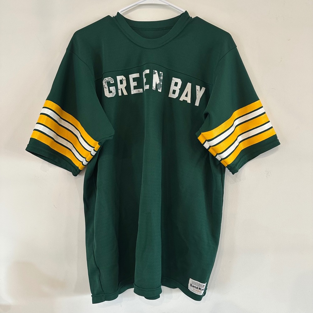 VTG Sand-Knit Green Bay Packers Football Jersey Mens XL Green Yellow Stripe JOHN